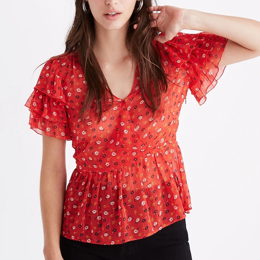 Madewell Tiered-Sleeve Peplum Top in Metallic Prairie Posies
